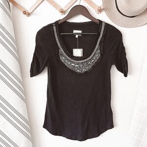 Anthropologie Deletta Black Beaded Neckline Blouse